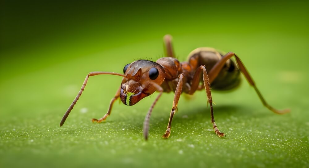 Close-up of red ant on green surface